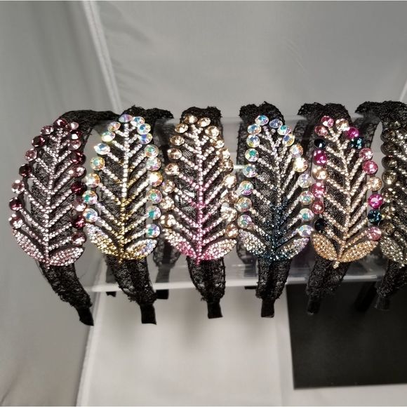 Purple Crystals Leaf Black Lace Hair Band - Picture 8 of 8